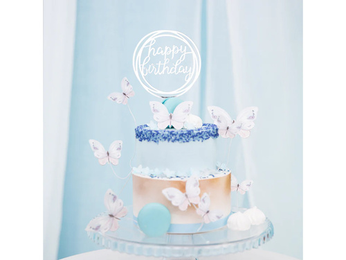 Topper pentru tort Happy Birthday argintiu - 1 buc.