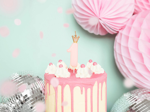 Lumânare numărul unu roz cu coroană - 1 - 1 buc.