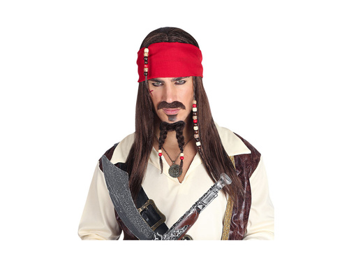Peruca Piratul din Caraibe cu bandană, mustață și cioc cu mărgele