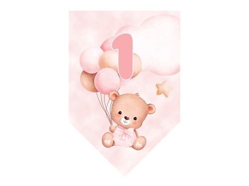 Banner cu stegulețe roz „Ursuleți cu balonașe” – 5 m – 1 bucată.