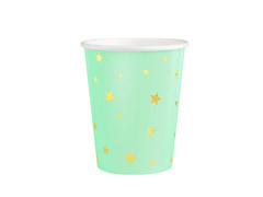 Pahare de hârtie de mentă cu stele aurii - 220 ml - 6 buc.