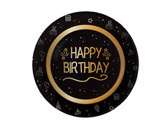 Farfurii de hârtie Happy Birthday negru - 23 cm - 8 buc.