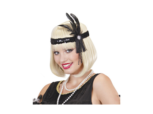 Bentiță neagră din paiete cu pene și perle