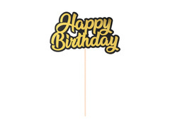 Topper pentru tort Happy Birthday auriu și negru - 1 buc.