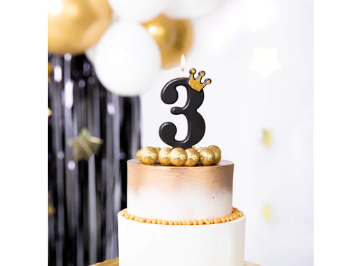 Lumânare numărul trei neagră cu coroană - 3 - 1 buc.