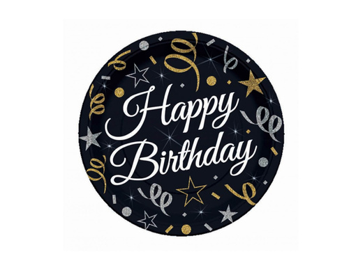 Farfurii Happy Birthday negru - 18 cm - 6 buc.