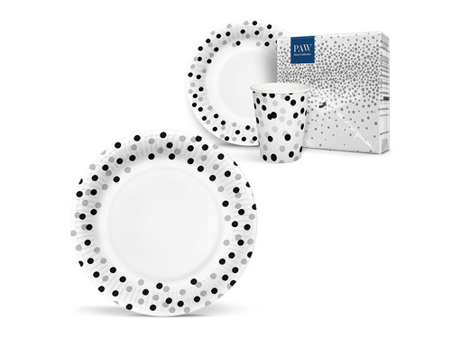 Farfurii aniversare Confetti argintiu și negru - 18 cm - 8 buc.