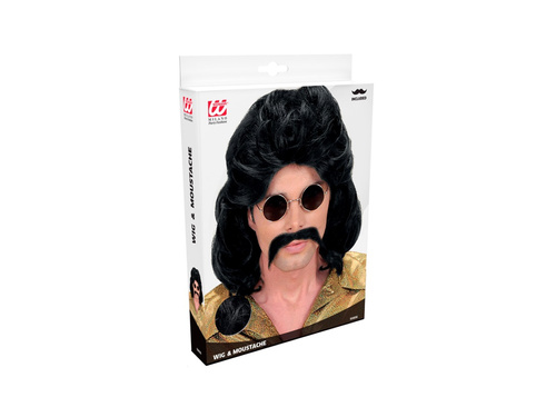 Peruca neagră fazet din anii 1970 cu mustață