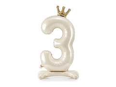 Balon vertical din folie numărul 3 crem cu coroană - 84 cm - 1 buc.