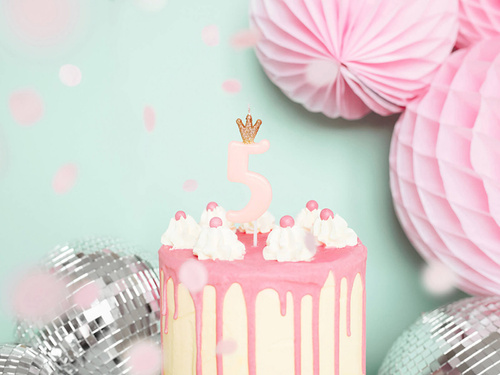 Lumânare cu numărul cinci roz cu coroană - 5 - 1 buc.