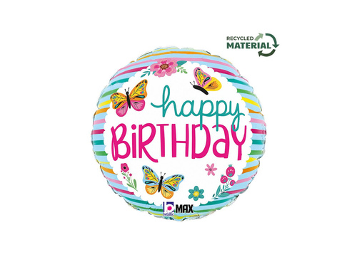 Balon rotund din folie cu fluturi Happy Birthday - 14" - 1 buc.