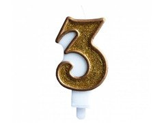 Lumânare numerică cu margine aurie și sclipici auriu - 3 - 1 buc.