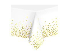 Față de masă aniversară albă cu puncte aurii - 137 x 274 cm - 1 buc.