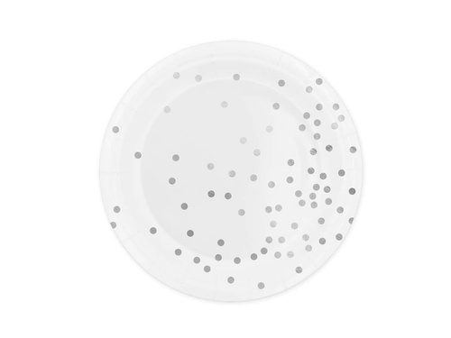 Farfurii de hârtie albe cu buline argintii - 18 cm - 6 buc.