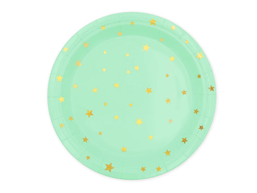 Farfurii de hârtie de mentă cu stele aurii - 23 cm - 6 buc.