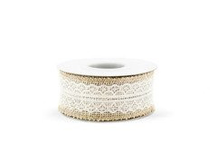 Panglică de iută cu dantelă albă, 40 mm / 5 m, 1 buc.
