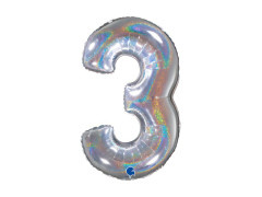 Balon din folie numărul 3 argintiu holografic cu sclipici - 26" - 1 buc.