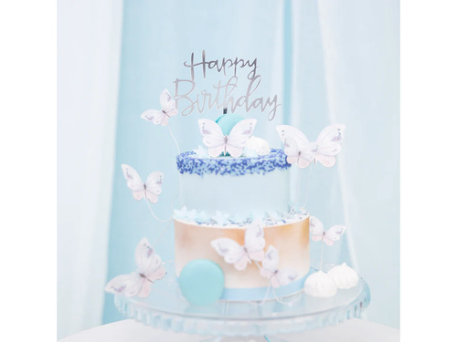 Topper pentru tort Happy Birthday argintiu - 1 buc.