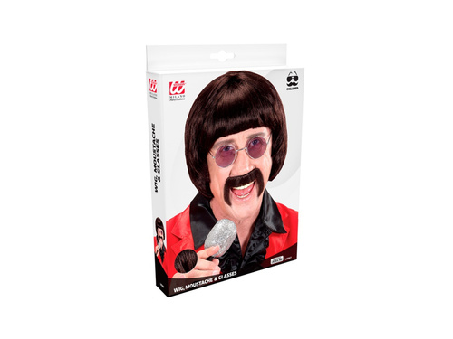 Cântăreață cu perucă maro din anii 1960. cu mustață și ochelari