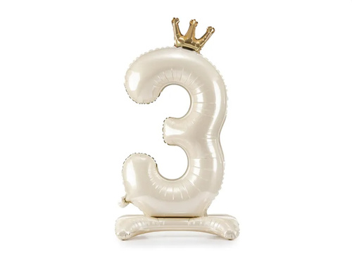 Balon vertical din folie numărul 3 crem cu coroană - 84 cm - 1 buc.