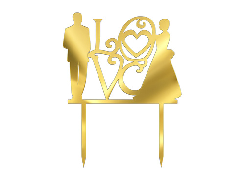 Topper de tort din plexiglas cu oglindă aurie Dragoste cu mire și mireasă - 16,5 cm