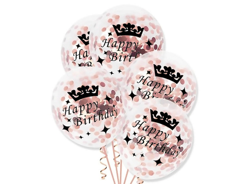 Baloane transparente cu confetti roz și auriu Happy Birthday - 30 cm - 5 buc