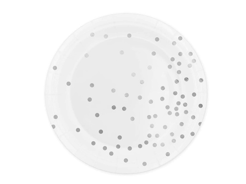 Farfurii de hârtie albe cu buline argintii - 23 cm - 6 buc.