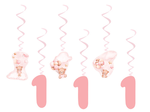 Decorațiune suspendată roz Ursuleți Teddy cu baloane - 6 buc.