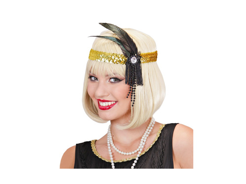 Bentiță din paiete aurii cu pană și perle