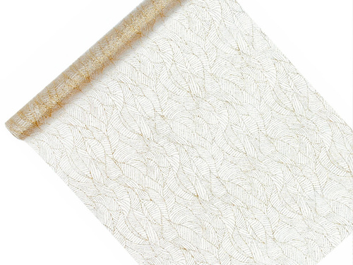 Organza albă cu model auriu - 48 cm x 9 m.