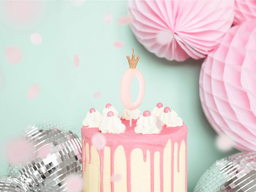 Lumânare numărul zero roz deschis cu coroană - 0 - 1 buc.