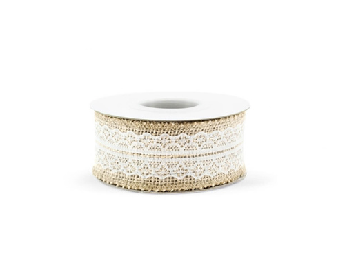 Panglică de iută cu dantelă albă, 40 mm / 5 m, 1 buc.