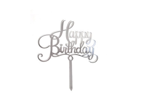 Plexiglas tort topper Happy Birthday argint - 1 buc.