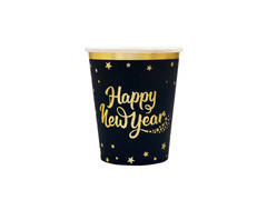 Pahare de hârtie pentru Ajunul Anului Nou Happy New Year negru - 266 ml - 6 buc.