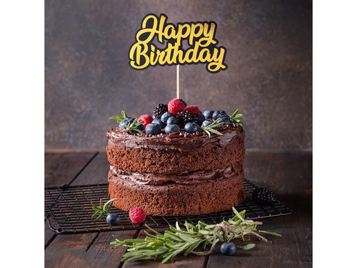 Topper pentru tort Happy Birthday auriu și negru - 1 buc.