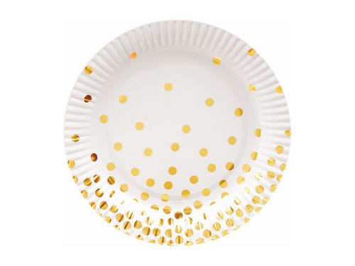 Farfurii de hârtie albe cu buline aurii - 18 cm - 6 buc.