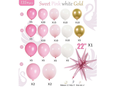 Set de baloane pentru ghirlandă în culori alb, auriu și roz – 167 de bucăți.
