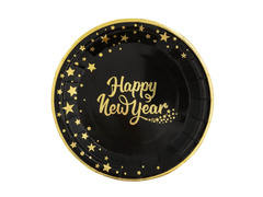 Farfurii de hârtie pentru Ajunul Anului Nou Happy New Year negru - 18 cm - 6 buc.
