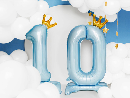 Balon vertical din folie numărul 0 albastru cu coroană - 84 cm - 1 buc.