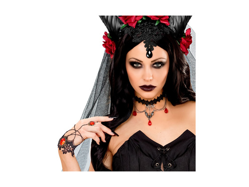 Brățară din dantelă cu inel și cristale roșii