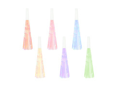 Fluier de trompetă derulat cu ciucuri colorați - 6 buc