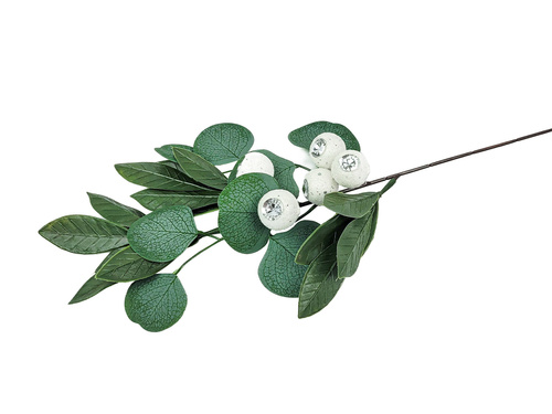 Eucalipt decorativ ramură decor cu bile albe - 49 cm - 1 buc.