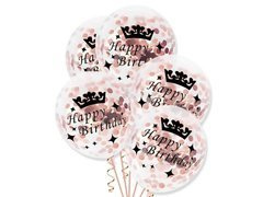 Baloane transparente cu confetti roz și auriu Happy Birthday - 30 cm - 5 buc