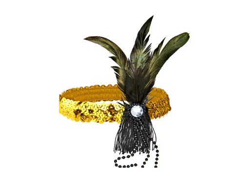 Bentiță din paiete aurii cu pană și perle