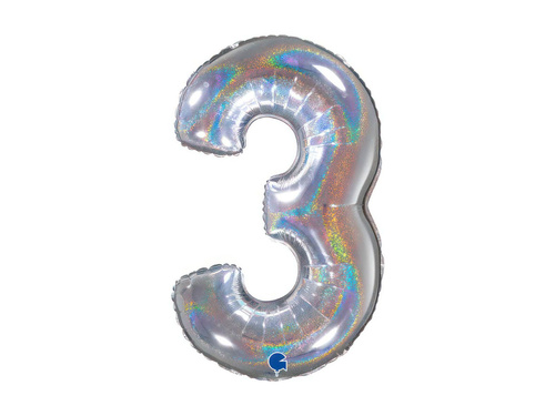 Balon din folie numărul 3 argintiu holografic cu sclipici - 26" - 1 buc.