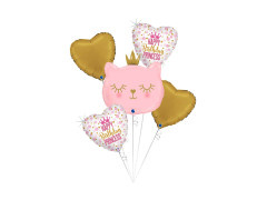 Buchet de baloane din folie roz pisicuță cu inimioare Happy Birthday Princess - 21" + 14" - 5 buc.