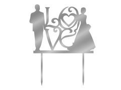 Topper pentru tort din plexiglas argintiu cu oglindă Dragoste cu mire și mireasă - 16,5 cm