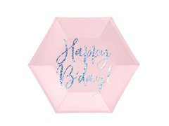 Farfurii aniversare roz strălucitor Happy B'day - 20 cm - 6 buc.