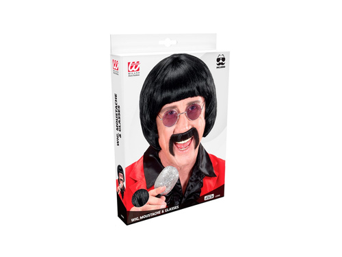 Peruca neagră a lui Music Man din anii 1960. cu mustață și ochelari