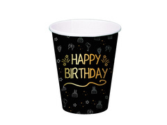 Pahare de hârtie Happy Birthday negru - 250 ml - 8 buc.